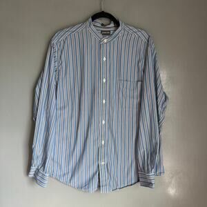 Vintage ST. JOHN'S BAY Men's Large Blue Stripe Mandarin Collar Button Up 90's